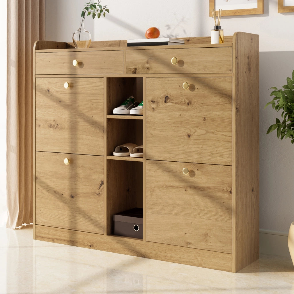 Mobile Scarpiera con 4 Ante a Ribalta; 2 Cassetti e 3 Vani Aperti; Stile Minimalista; in Pannello Truciolare; 110×26×100 cm; Naturale
