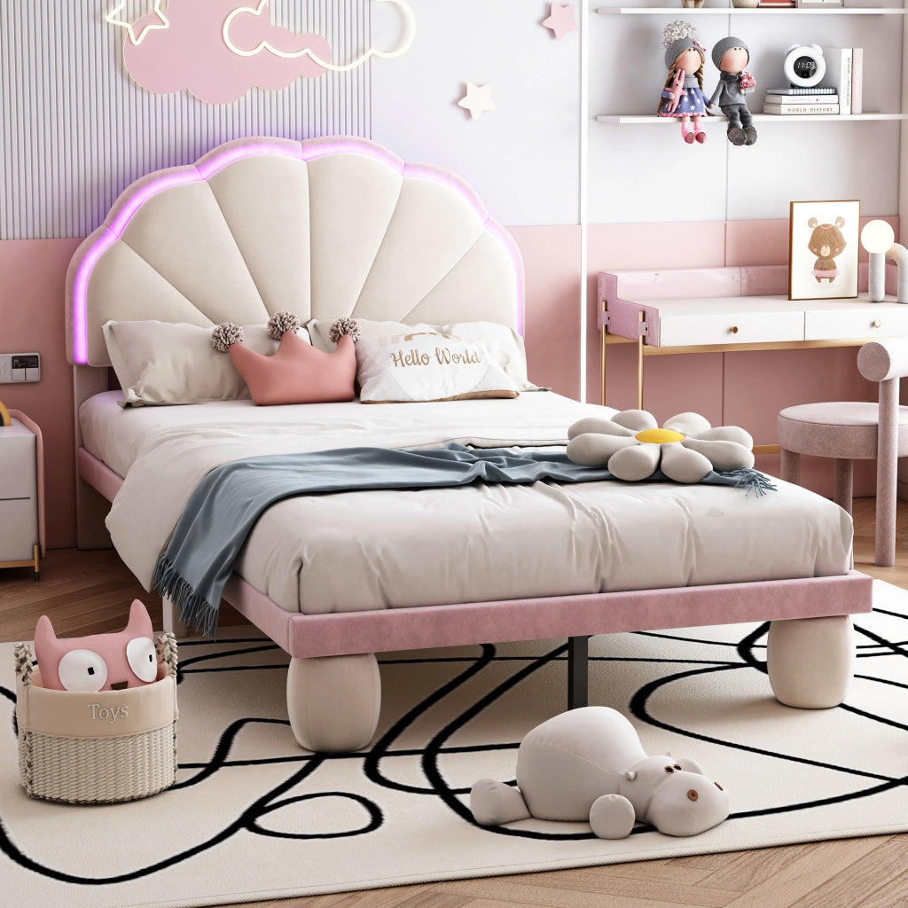 Letto singolo imbottito 90x200 cm in velluto beige e rosa con LED multicolore