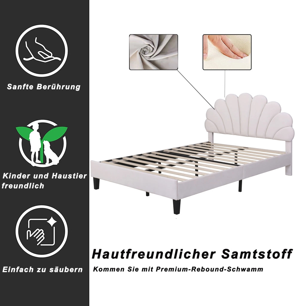 OKWISH Letto Imbottito 140×200 cm, Letto Matrimoniale con Testiera a Fiore, 12 Doghe e Imbottitura, senza Materasso, Beige