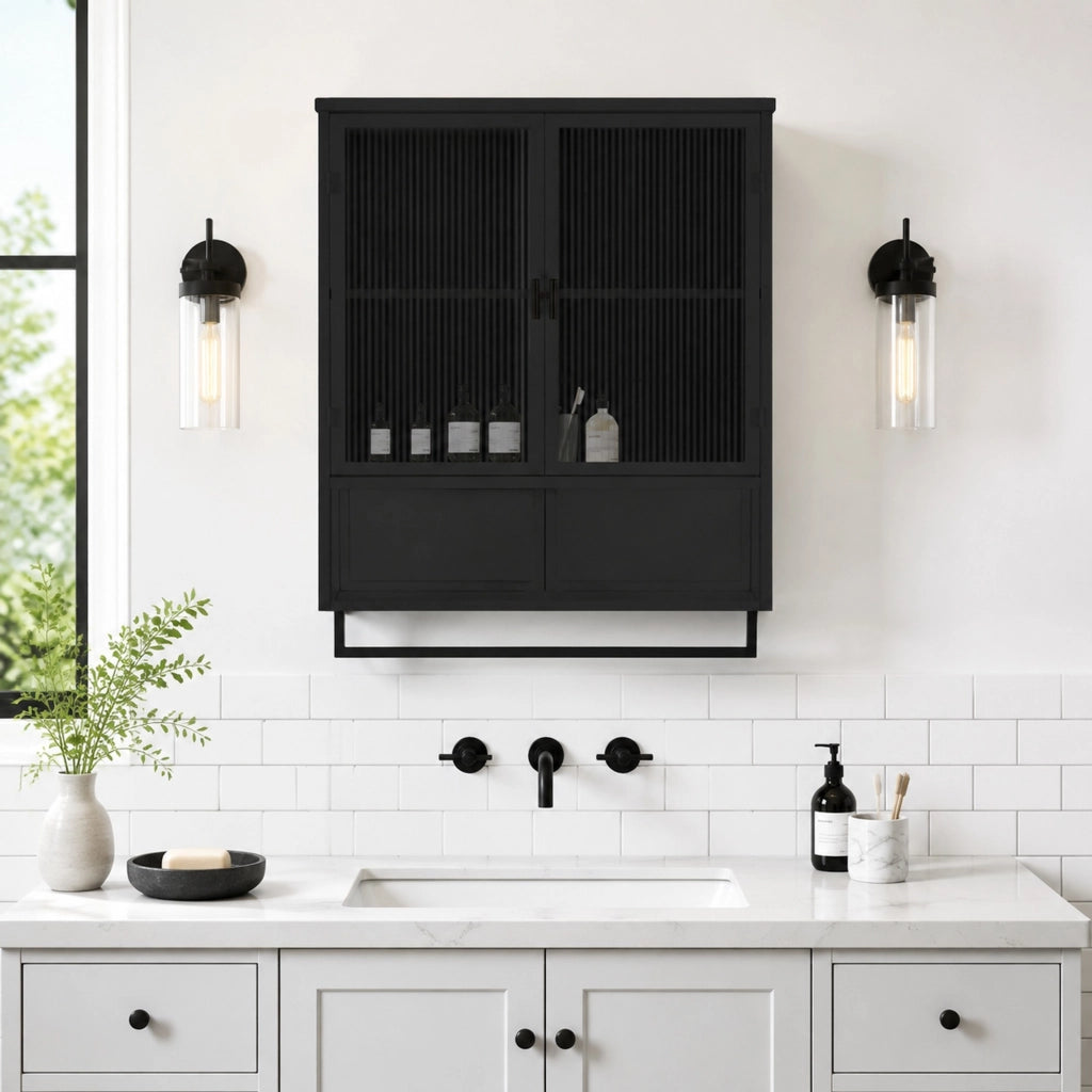 Mobile pensile da parete nero con vetro scanalato, 60×23×78 cm