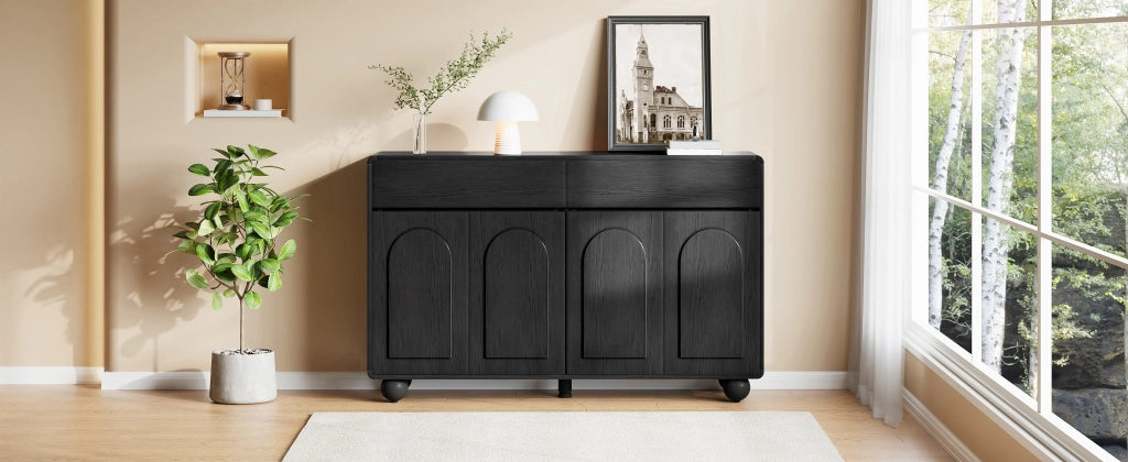 Credenza e madia con 2 cassetti, 4 ante e ripiani regolabili, in MDF e PB, per soggiorno, nero, 140 × 38 × 89 cm