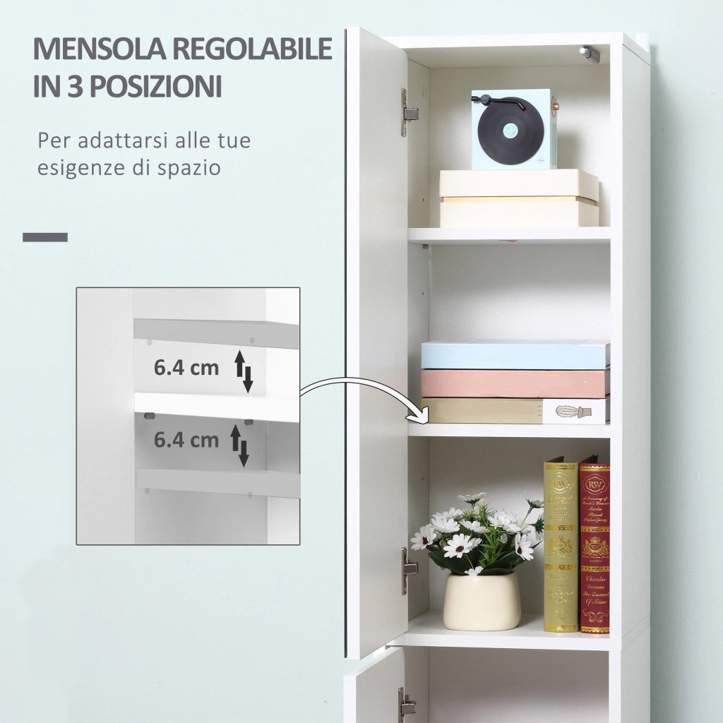 Mobile Colonna Bagno in Legno con Anta a Specchio ¨C zephmum ¨C 5 Ripiani, Bianco, 32x28x162 cm