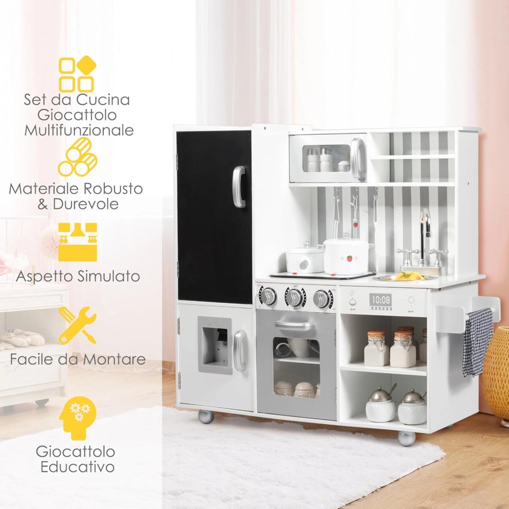 Cucina Giocattolo per Bambini, Cucina per Bambini con Suoni, Lavagna, Lavello, Piano Cottura e Vari Scomparti, 3 Anni+