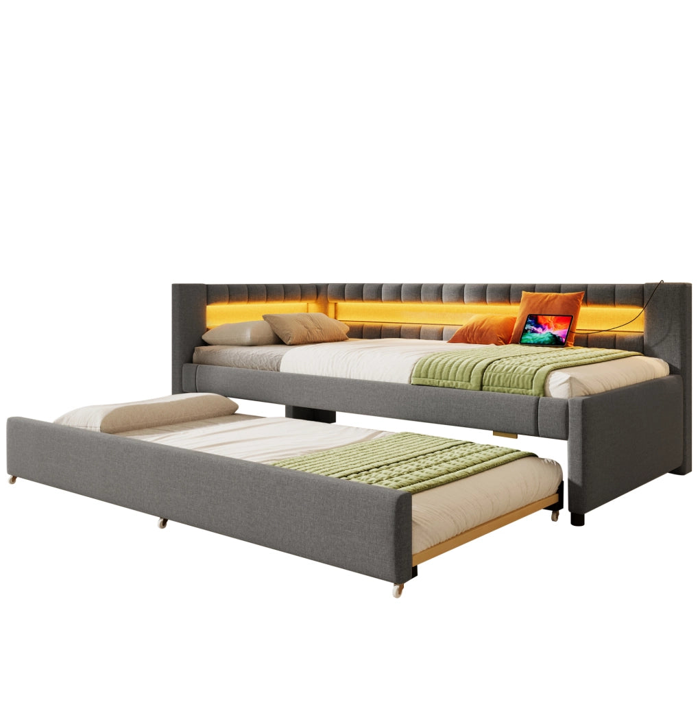 Letto daybed con LED, letto estraibile e porte USB Type-C, 90x200 cm, grigio