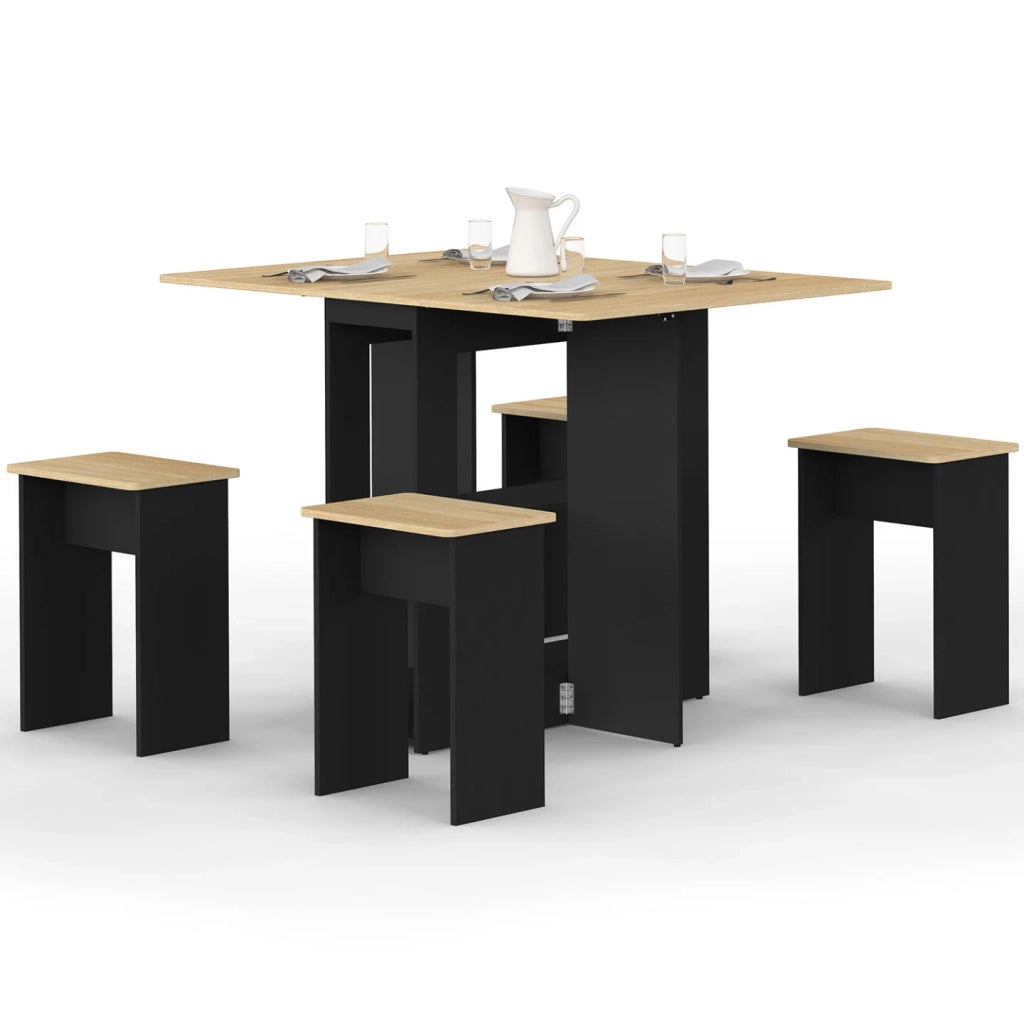 IDMarket - EDI Consolle pieghevole per 2-4 persone in legno nero con piano in faggio e 4 sgabelli