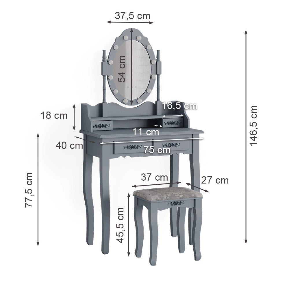 Vicco Tavolo da toeletta Grigio 75 cm con illuminazione LED e sgabello