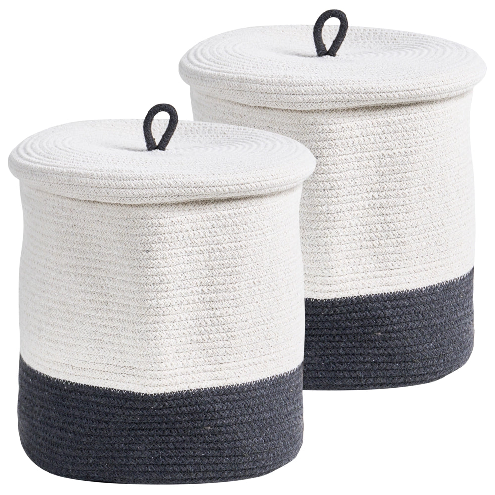 Set di 2 cesti in cotone grigio e bianco con coperchio, accessori in stile boho per la lavanderia
