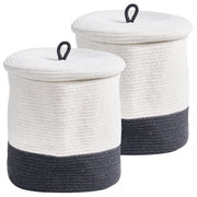 Set di 2 cesti in cotone grigio e bianco con coperchio, accessori in stile boho per la lavanderia