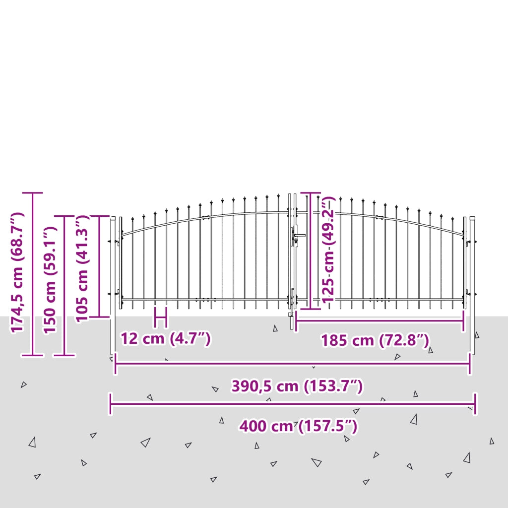 Cancello da Giardino con Punta a Lancia a Due Ante Grigio 125x400 cm Acciaio