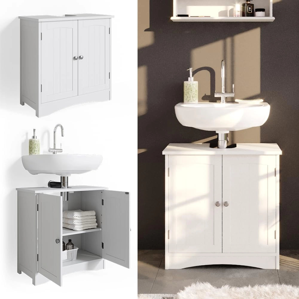 Mobile sottolavabo per bagno Bianco, Bianco, 60 x 60 cm, con ritaglio per sifone e spazio di stoccaggio per l’organizzazione del bagno