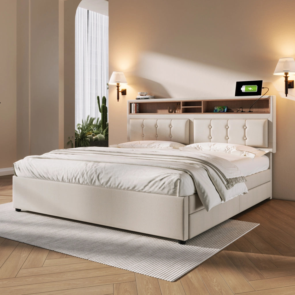 Letto con Cassetti 140×200 cm; Letto Matrimoniale con 4 Cassetti; USB; Tipo C e Testiera Regolabile; senza Materasso