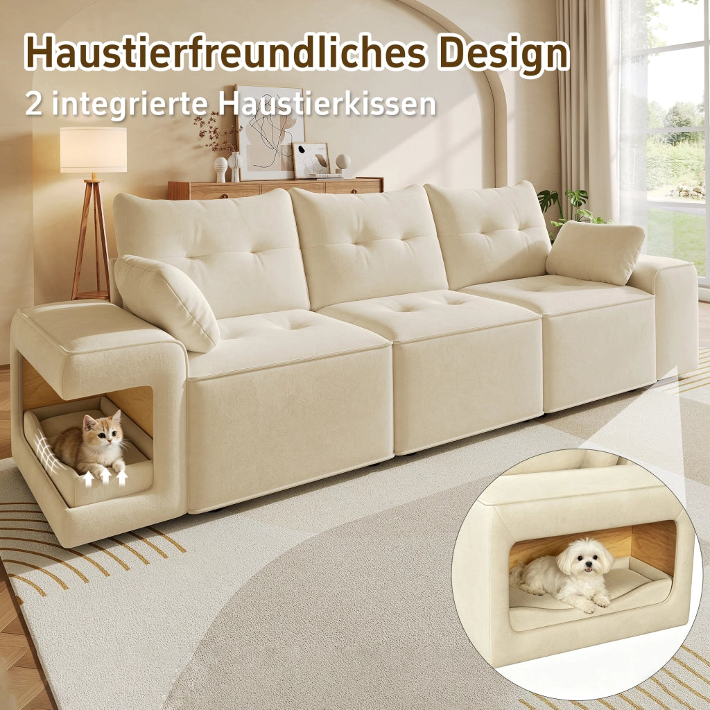 DIVANO Modulare 3 Posti 229,5x78x84 cm Velluto Beige con 2 Cuscini e Contenitore