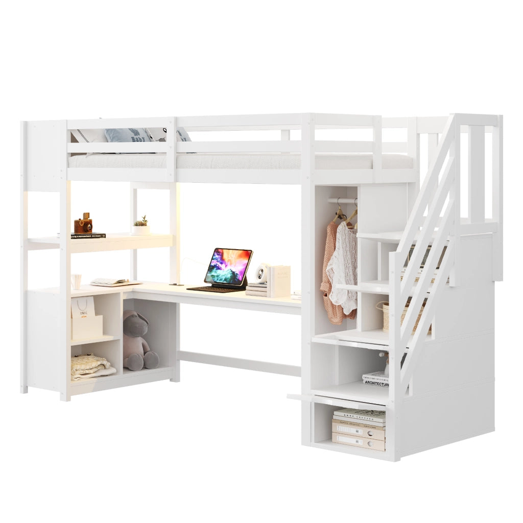 OKWISH Letto a soppalco 90×200 cm, Letto Singolo con Scrivania, Armadio, LED Multicolore, Prese e Mensole, senza Materasso, Bianco