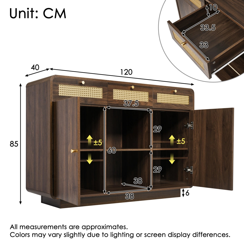 OKWISH Credenza con 3 Cassetti, 2 Ante e Ripiani Regolabili, Stile Retrò, per Soggiorno o Ingresso, 120 x 40 x 85 cm