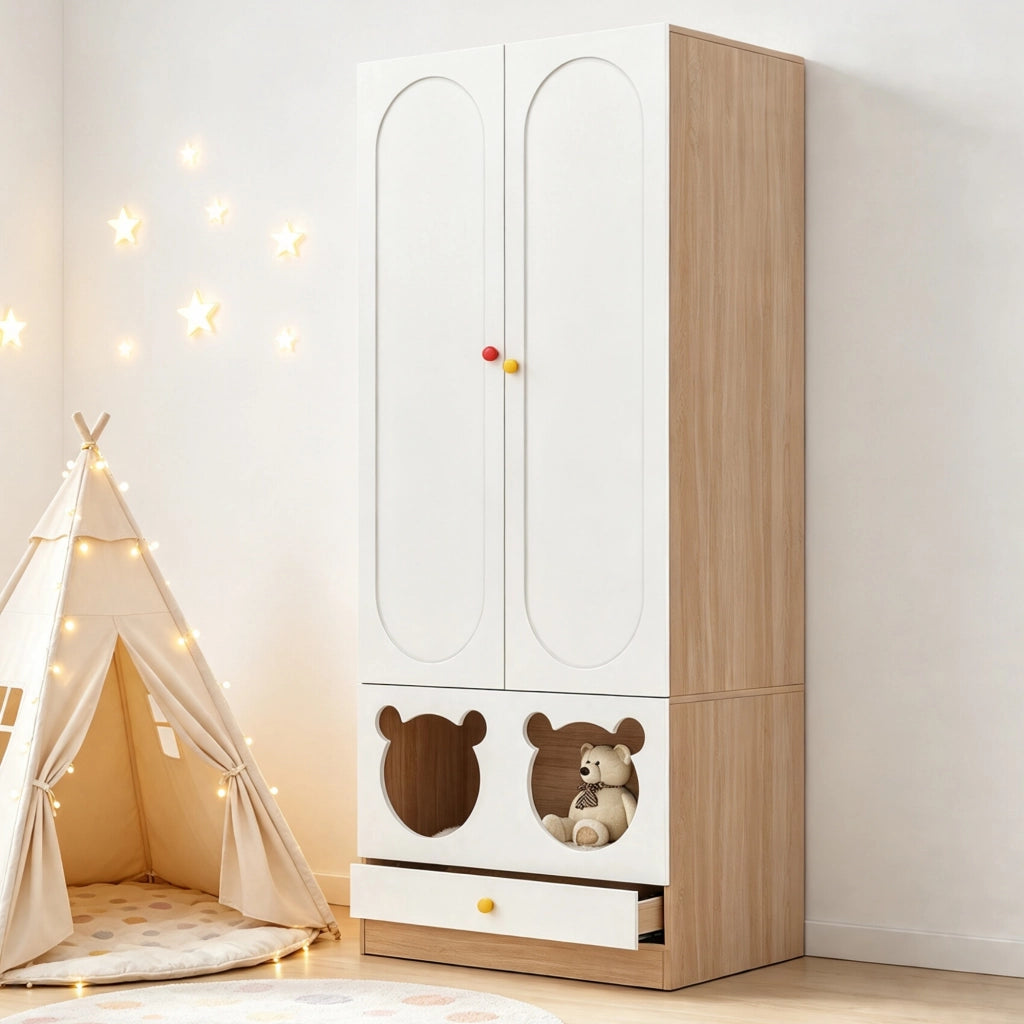 Armadio per bambini a due ante con asta appendiabiti e cassetti, 80 × 50 × 200 cm, bianco e legno naturale