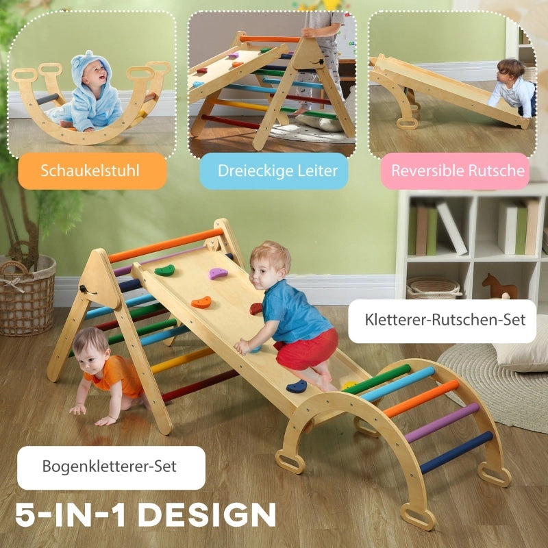 Struttura da arrampicata 5 in 1 per bambini con rampa, ponte e scala triangolare, 18-48 mesi, colorata.
