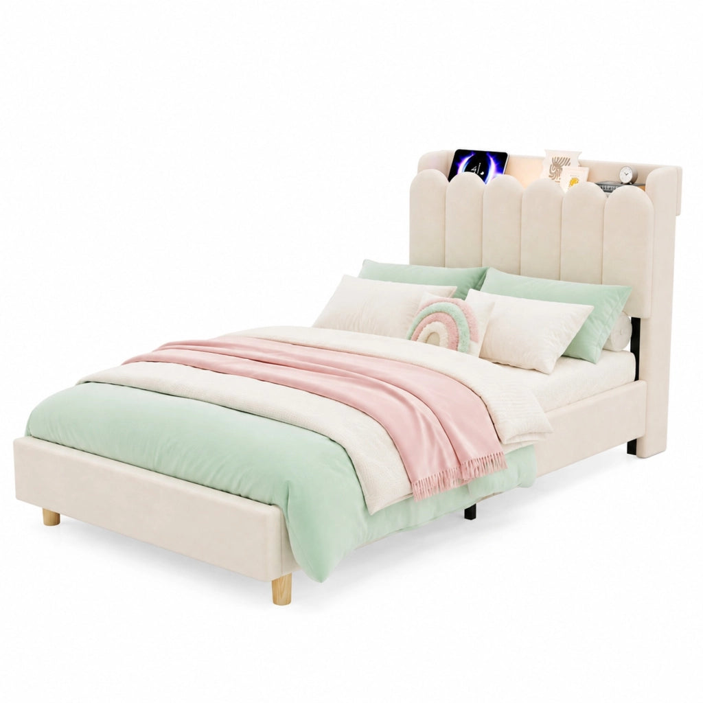 Letto singolo imbottito 90x200 cm in velluto beige, testiera contenitore, USB/Type-C e lampada da lettura