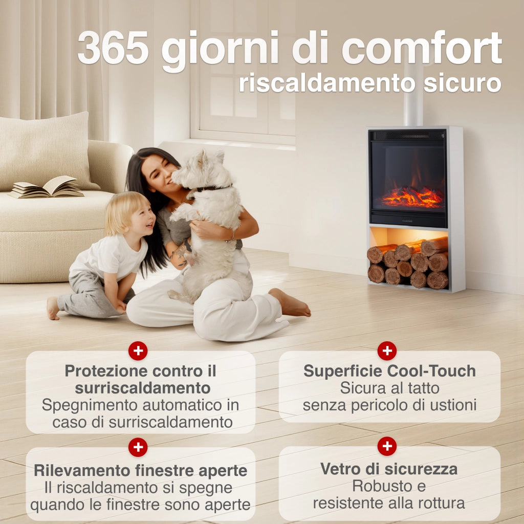 KAMINIO Camino elettrico HUGO con tubo del camino - Stufa elettrica riscaldamento, fiamma 3D, luce ambiente, scomparto de legno, telecomando - Bianco