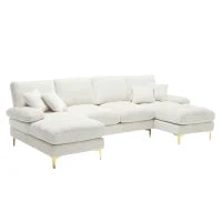 Divano componibile moderno grande in Chenille a forma di U, con Doppi Sedili Reclinabili,  Beige