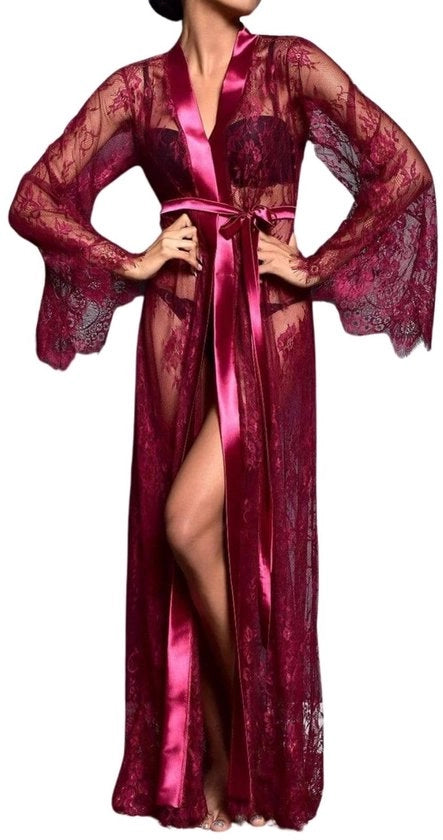 Kimono da bagno per donna con cintura di seta, pigiama lunga trasparente, babydoll notturno sexy (una misura, colore bordeaux, normale)