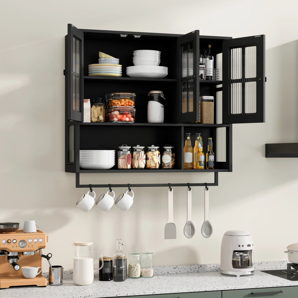 ARMADIO PENSILE 88x26x82,5 cm Nero in MDF e vetro temperato