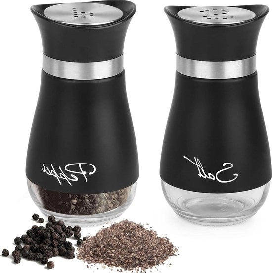 Set di macinatore di sale e pepe - 2 pezzi - 120 ml - fondo in vetro - contenitore di sale - macinatore di pepe - coperchio in acciaio inossidabile - cucina - BBQ - tavola da pranzo - camper - rabbocco - nero