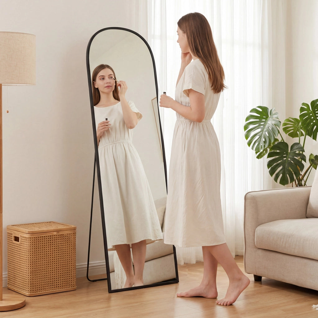 Specchio da Terra e Parete Moderno in Lega di Alluminio con Supporto Pieghevole. 50x170 cm. Nero