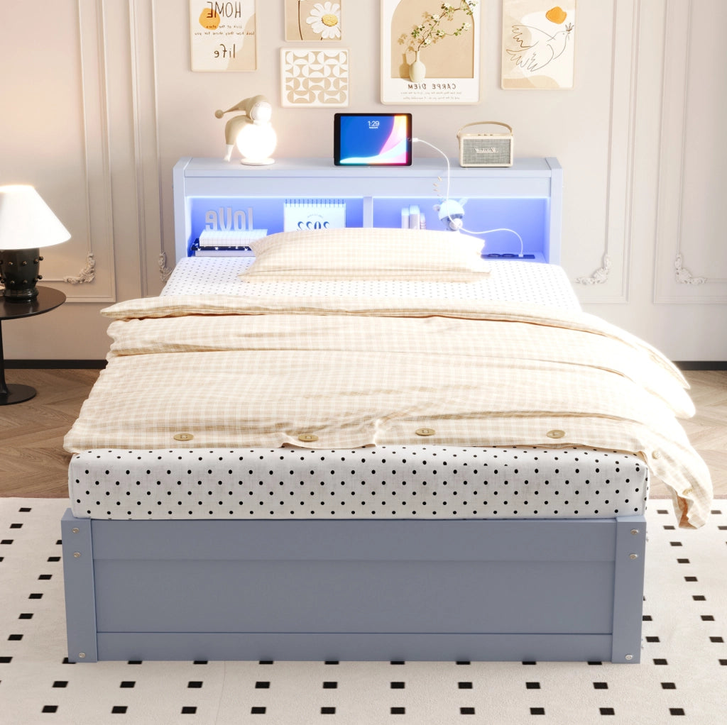 Letto multifunzione 90x200 cm con presa integrata; LED e contenitore; grigio