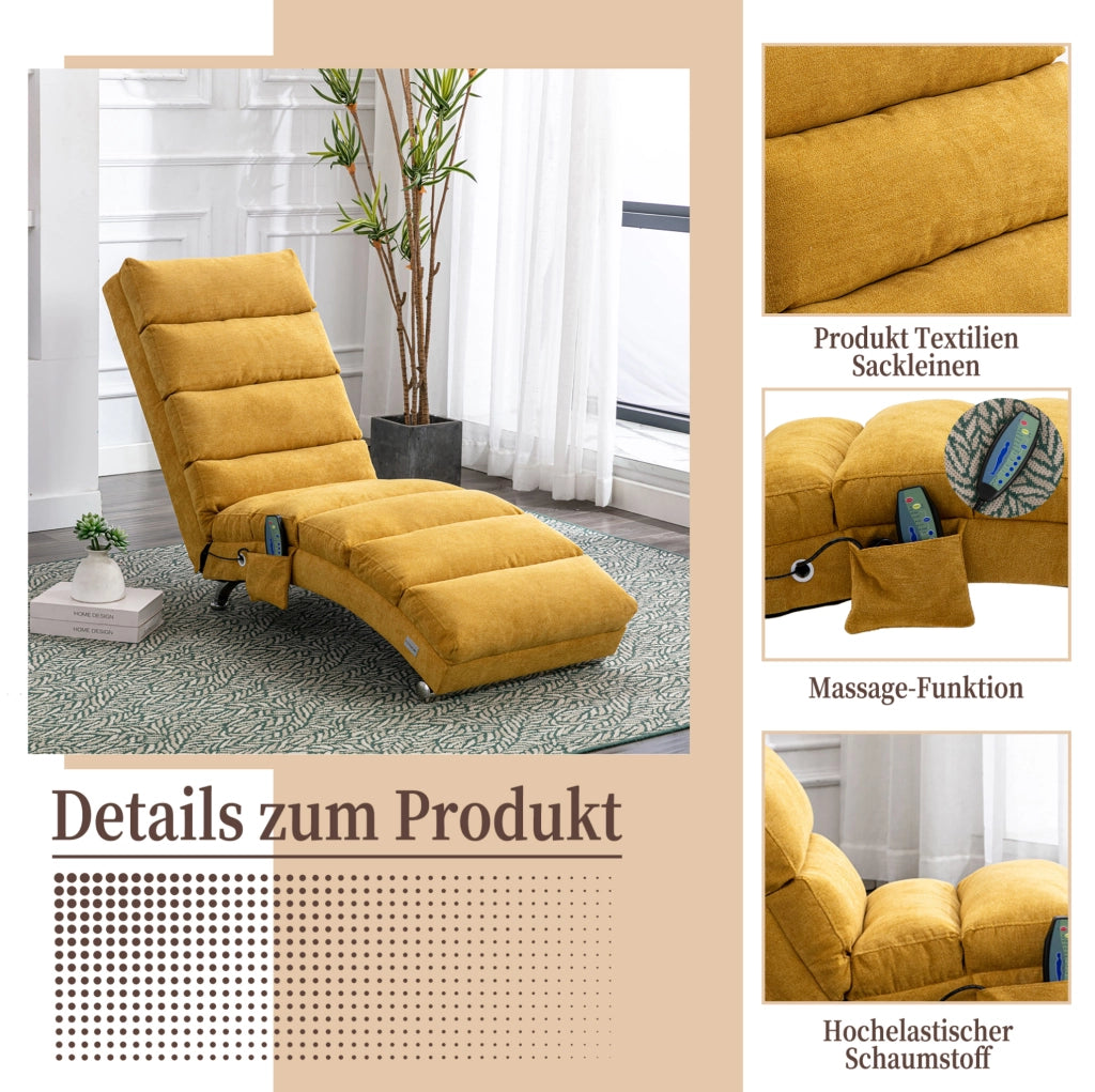 Chaise longue relax con vibrazione; schienale ergonomico 140°; 55x148x84 cm; lino giallo senape