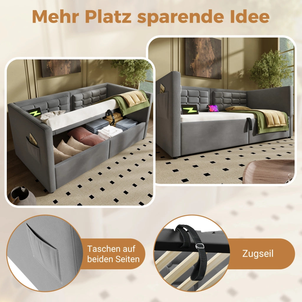Letto singolo imbottito 90x200 con vano idraulico e USB-C