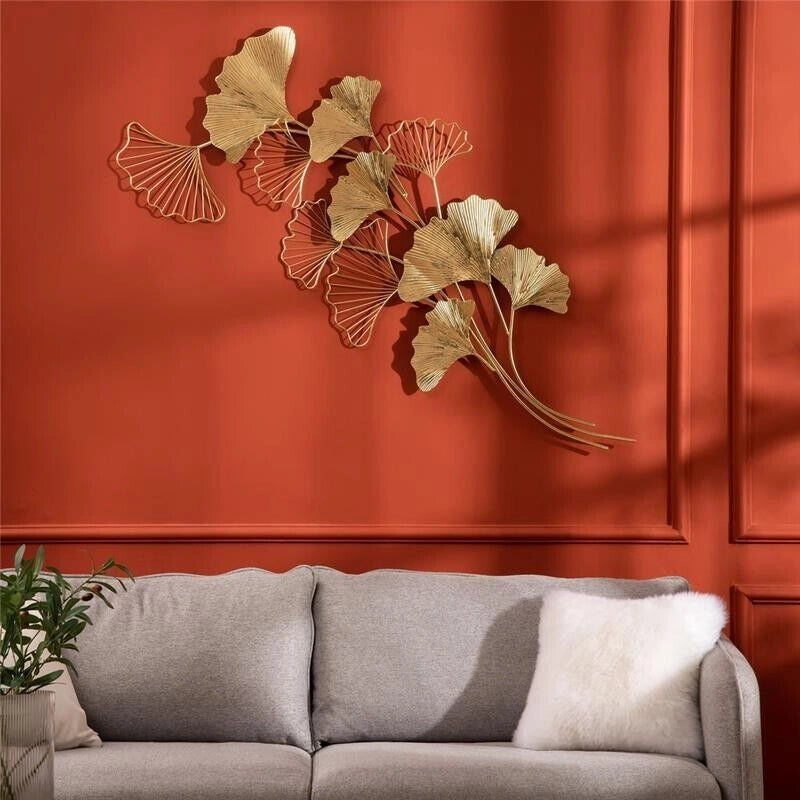 DECORAZIONE MURALE 3D IN METALLO WALL ART DORATA CON FOGLIE DI GINKGO 138X70CM