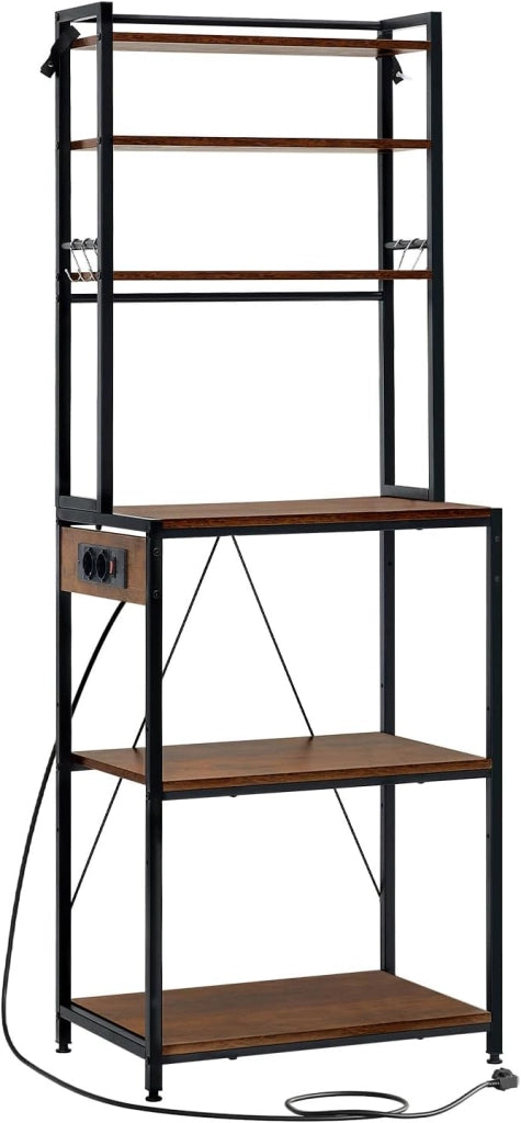 Scaffale da Cucina a 6 Livelli con Prese di Corrente, Scaffale per Microonde con Struttura in Metallo e Piano di Lavoro Aperto, Nero+Marrone Rustico, 60x39,5x167cm