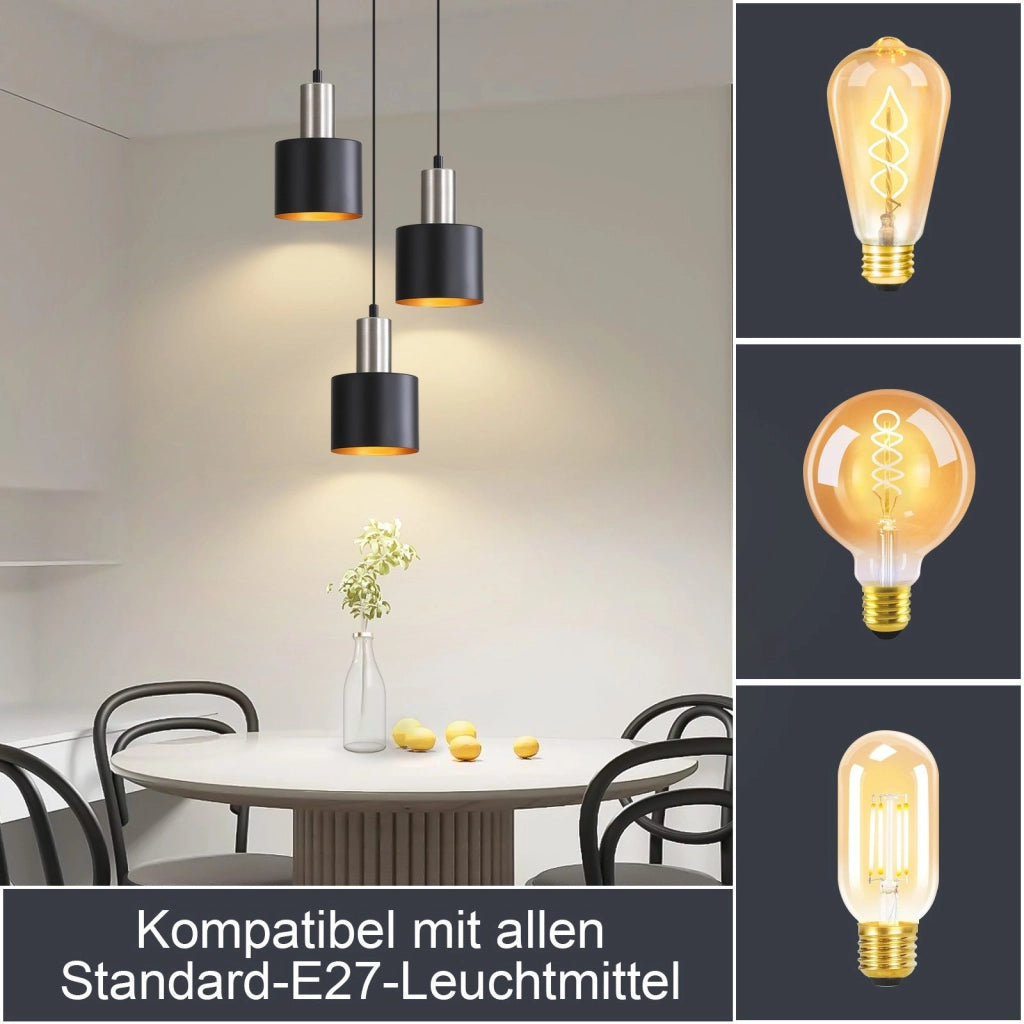 Lampada a sospensione ZMH da tavolo da pranzo E27 lampada a sospensione vintage 3 lampadine oro nero