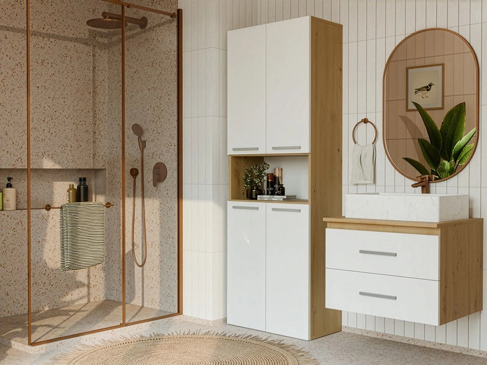 Mobile bagno NEL 2k DK scaffale colonna 2 kosze per bucato bianco rovere artisan