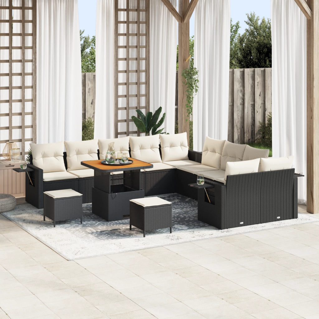 Set Giardino 13 Pezzi con Cuscini Rattan Poliestere Nero Acacia