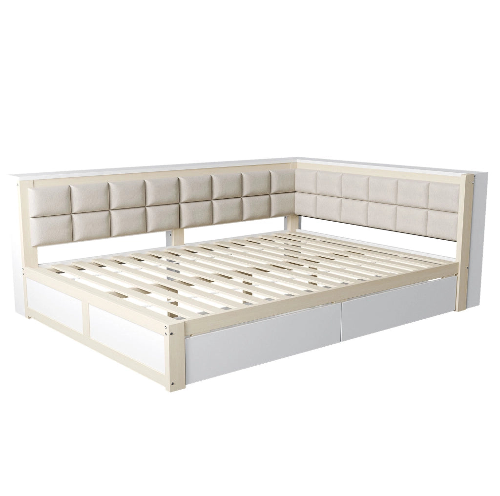 Divano letto in legno 140x200 cm con schienale imbottito e 2 cassetti; colore naturale
