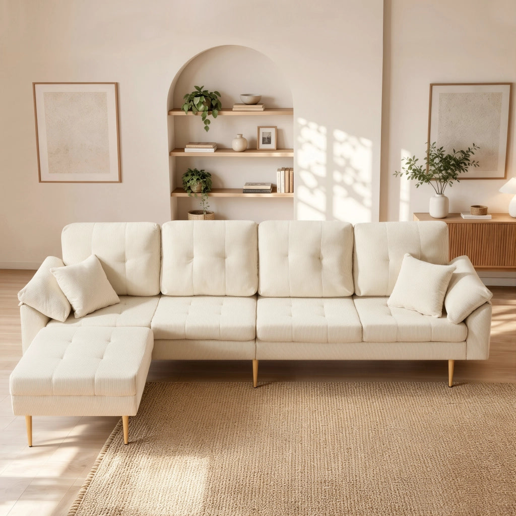 Divano 4 posti in velluto a coste con pouf modulabile; beige chiaro; 250 cm