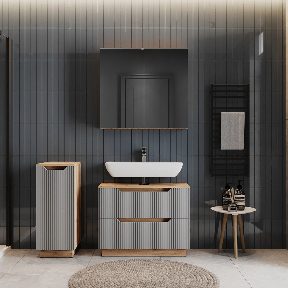 Vicco Set di mobili da bagno Rovere/grigio a righe 3 parti