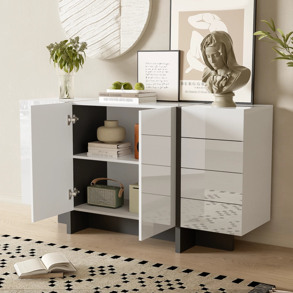 Credenza con 2 Ante e 4 Cassetti; Frontale Lucido; Stile Moderno; per Soggiorno; in MDF; 150??40??80;5 cm; Bianco Nero