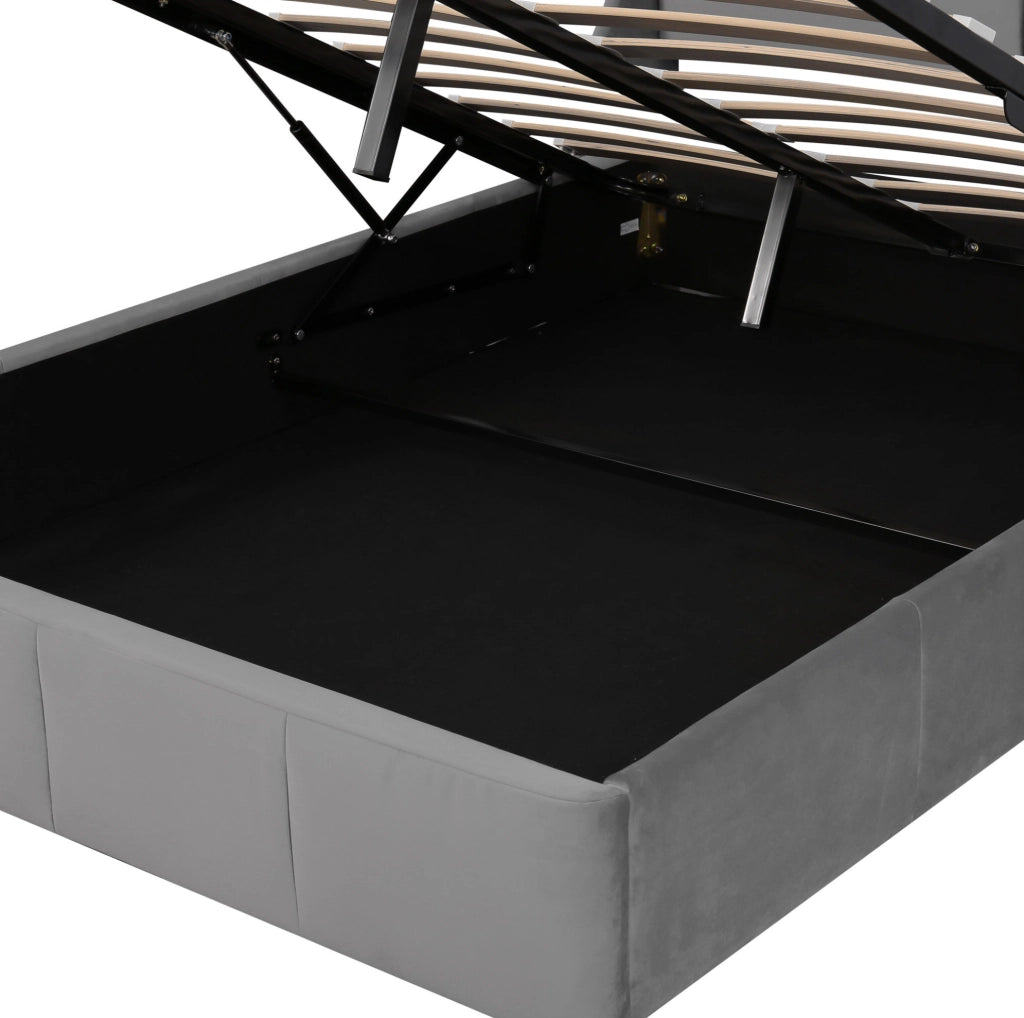 Letto imbottito con contenitore; design a orecchie; 140x190 cm; velluto grigio