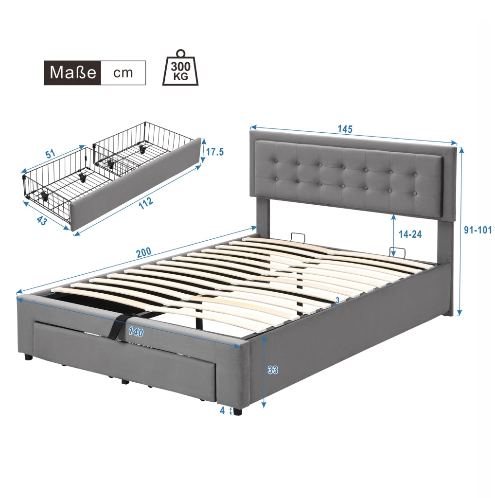 Letto matrimoniale imbottito con contenitore e cassetti; testiera regolabile in velluto grigio 140 x 200 cm