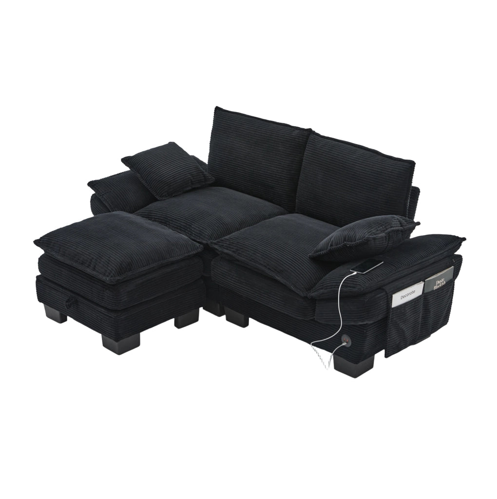 Divano 2 posti 190x132 cm nero in velluto a coste; con pouf contenitore
