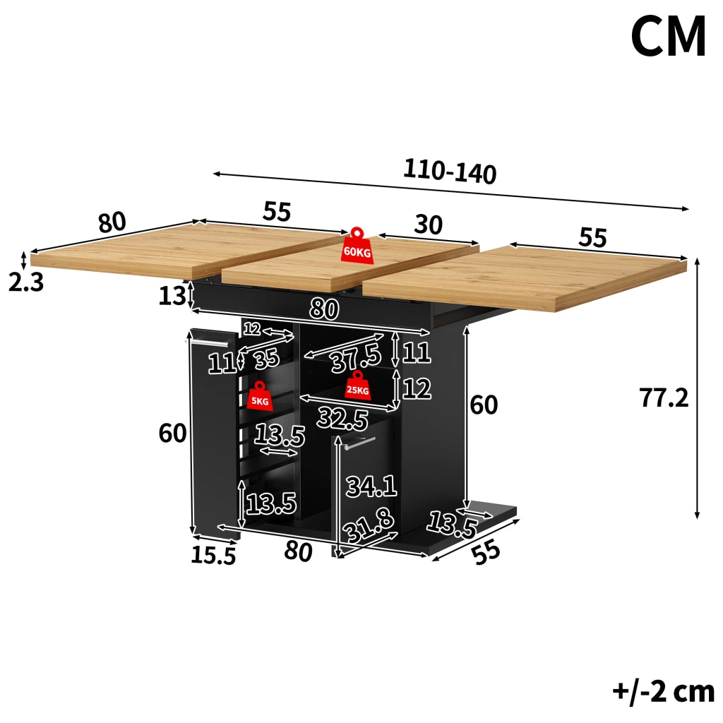 Tavolo da pranzo allungabile con vano contenitore e LED, ripiani in vetro, per 4-6 persone, in MDF nero 140 × 80 × 77,2 cm
