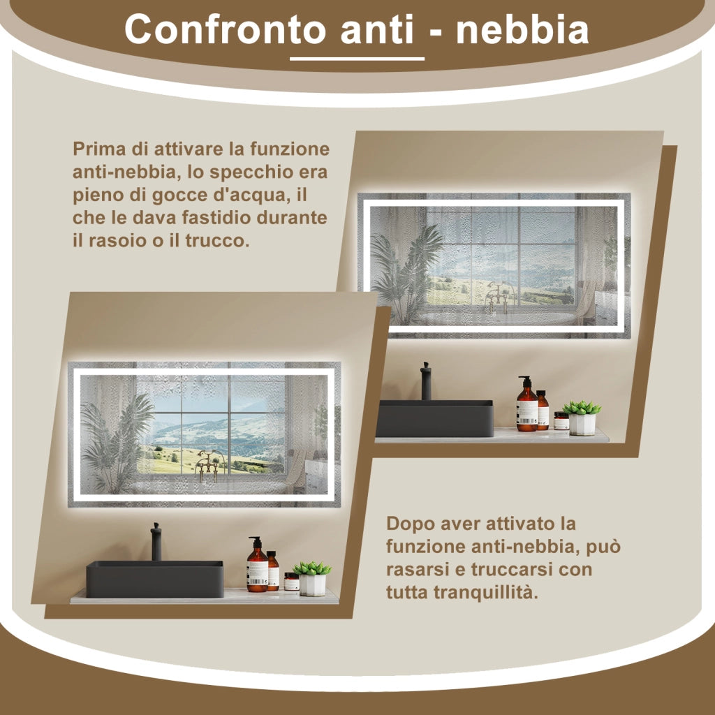 120×80 cm Specchio da Bagno Rettangolare a LED Specchio da Toeletta Specchio da Parete, Luce Bianca 6000K, Anti-fog, Touch