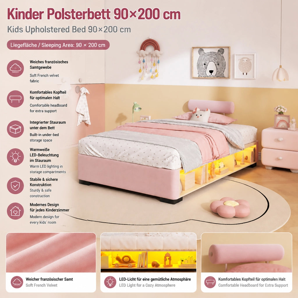 DESMIU Letto bambino 90 × 200 cm con mensola, LED e testiera modulabile, senza materasso, in velluto, rosa