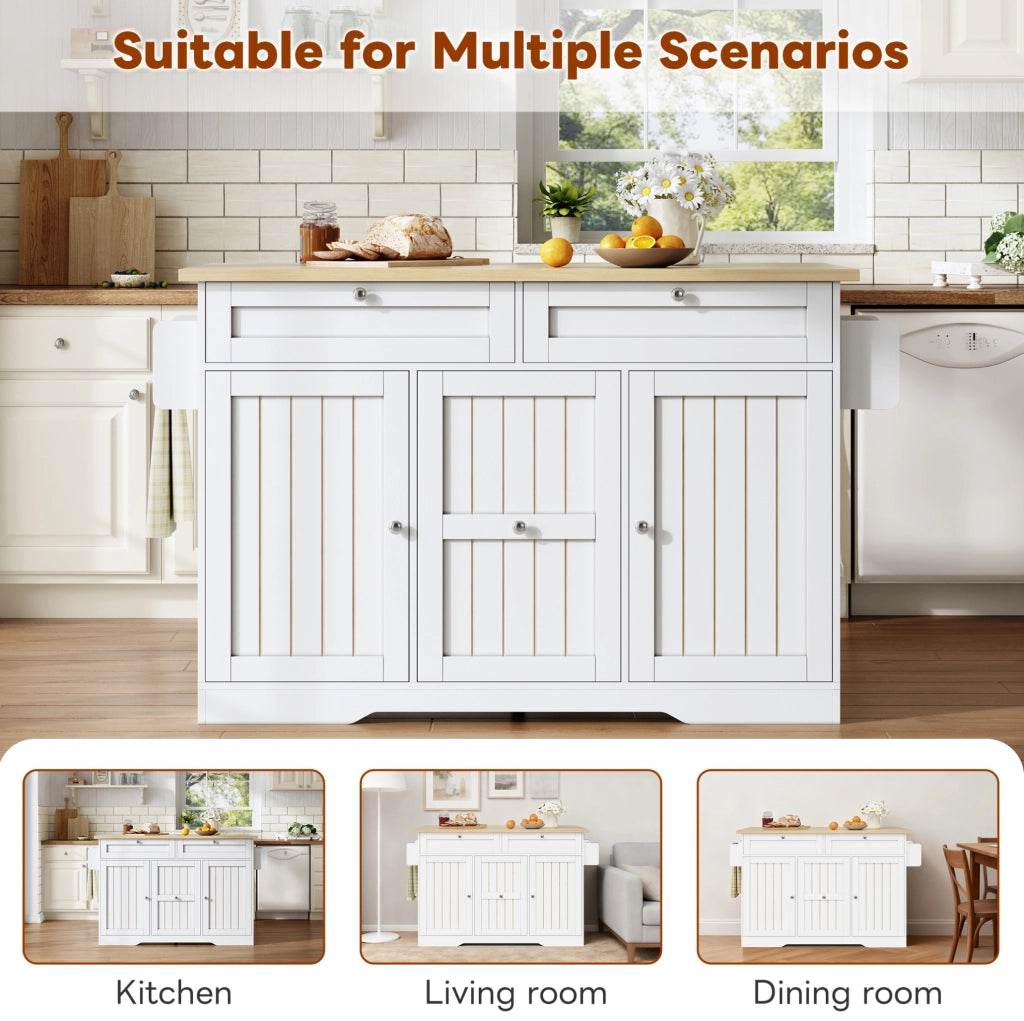 Isola da cucina mobile con piano pieghevole; cassetti e ruote 120x70x92 cm; MDF; bianco naturale