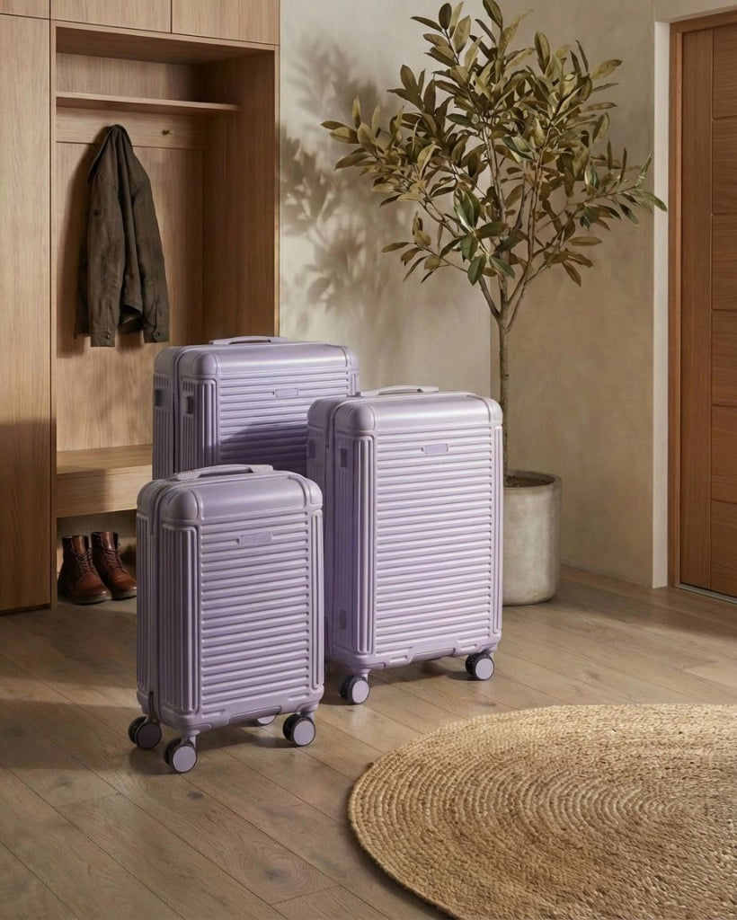 Set di 3 valigie viola in materiale sintetico con ruote silenziose in ferro e cerniera antifurto 3 misure Lucchetto TSA Comodità