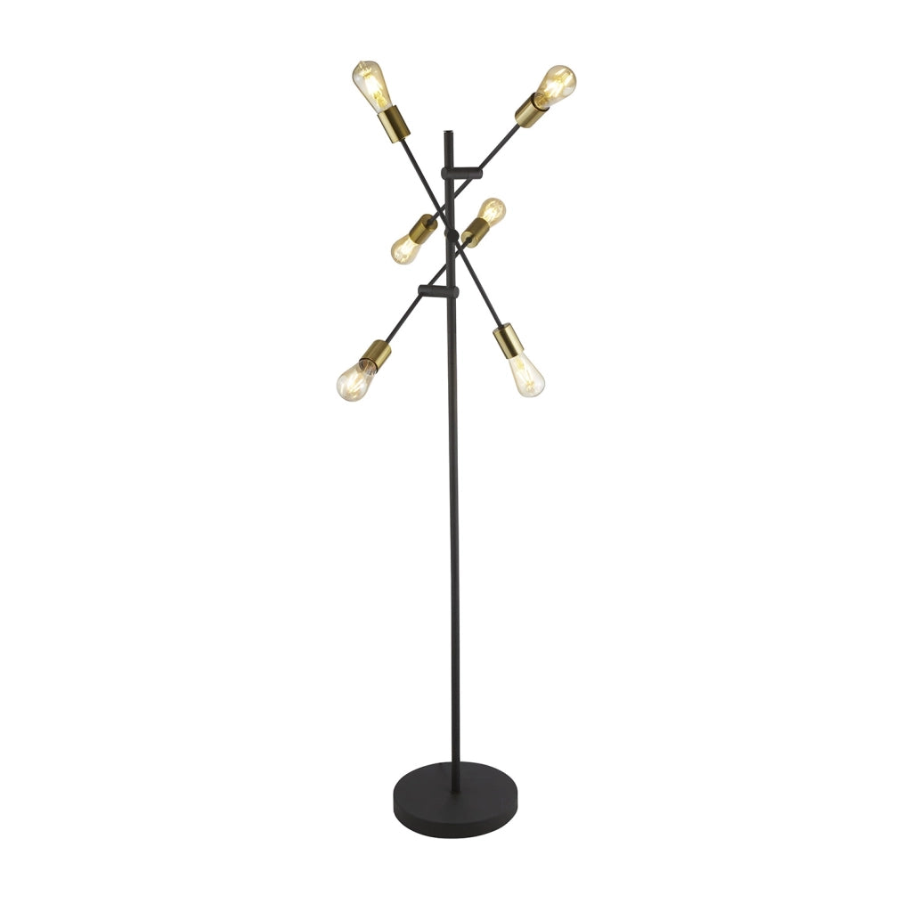 Piantana Industrial-Nordico Armstrong Acciaio Nero Ottone 6 Luci E27