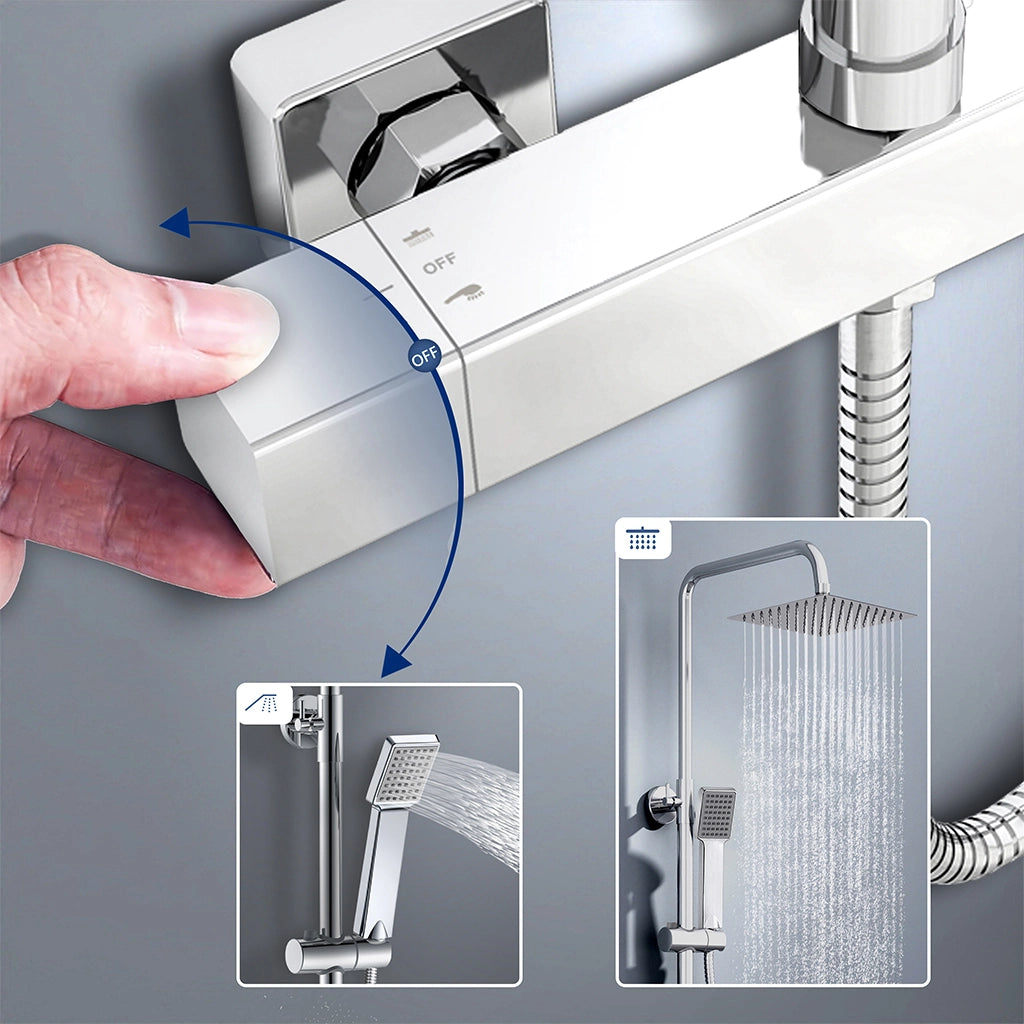 colonna doccia rotonda completo di miscelatore termostatico rettangolo, soffione quadrato 20x20cm, cromo