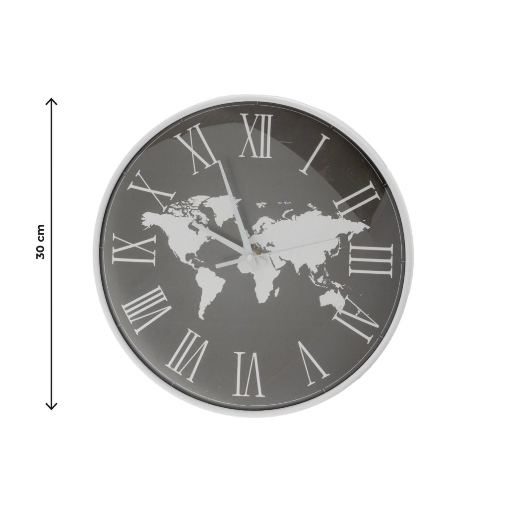 Orologio da Parete Mappamondo 30x30 cm Design Moderno con Numeri Romani Nero e Bianco Decorativo per Soggiorno Ufficio Camera e Studio